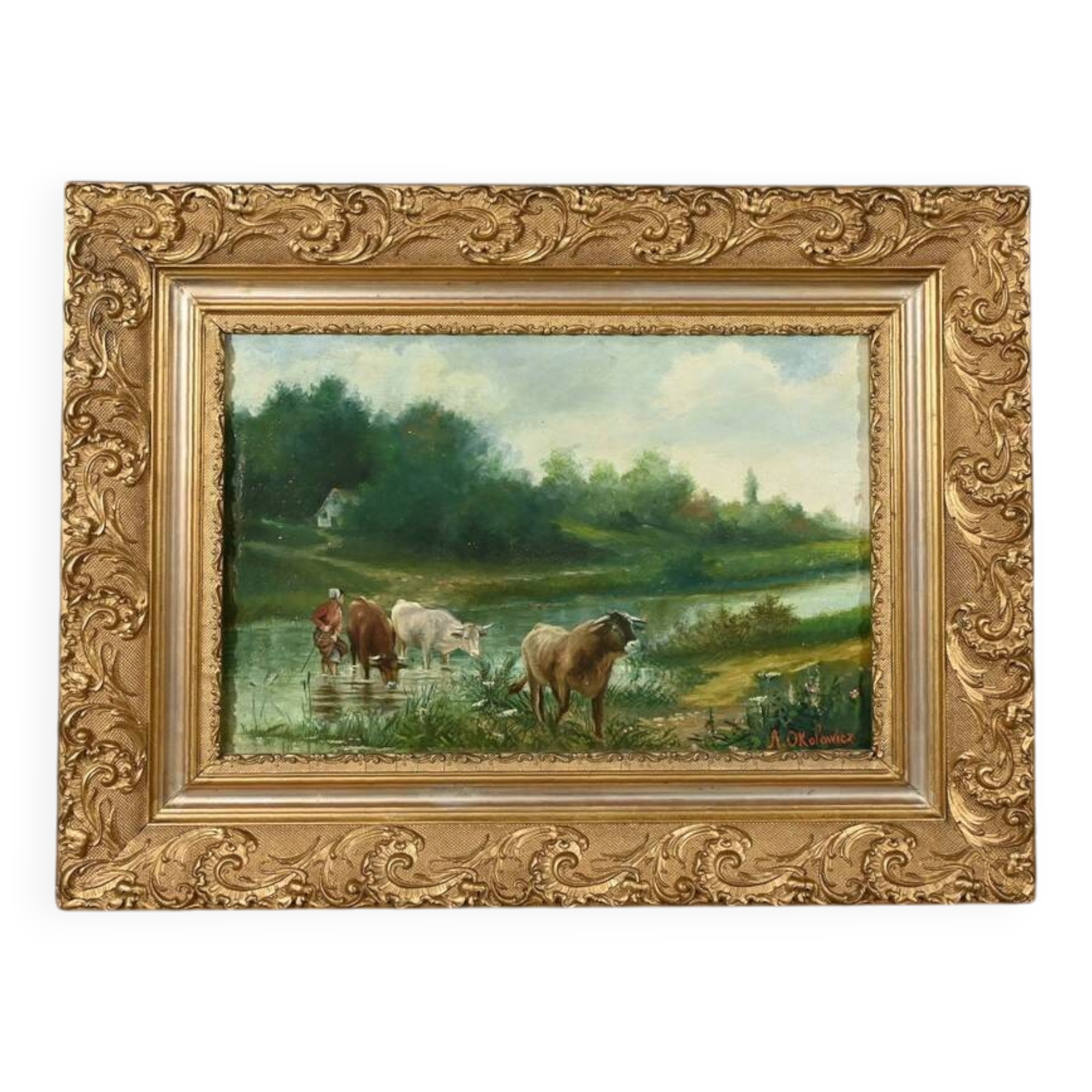 Oil on Canvas “Pastures” by N. Okolowicz – Early 20th Century