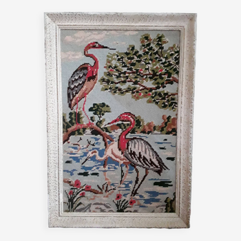 Vintage framed canvas tapestry with 3 herons