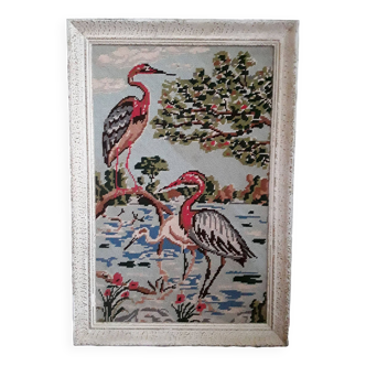 Vintage framed canvas tapestry with 3 herons