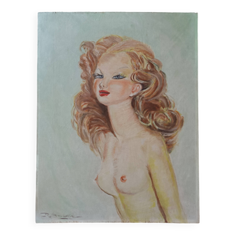 Painting of a female nude portrait in the style of Domergue Oil on panel