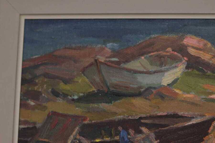 Original mid-century Swedish oil on panel – “Coast” by E. Kruger – vintage & framed – 49 × 33 cm