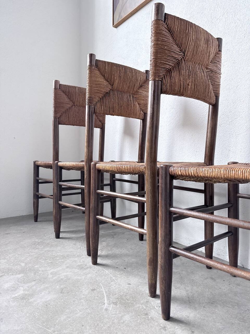 Set of 6 straw and oak Beauche chairs.