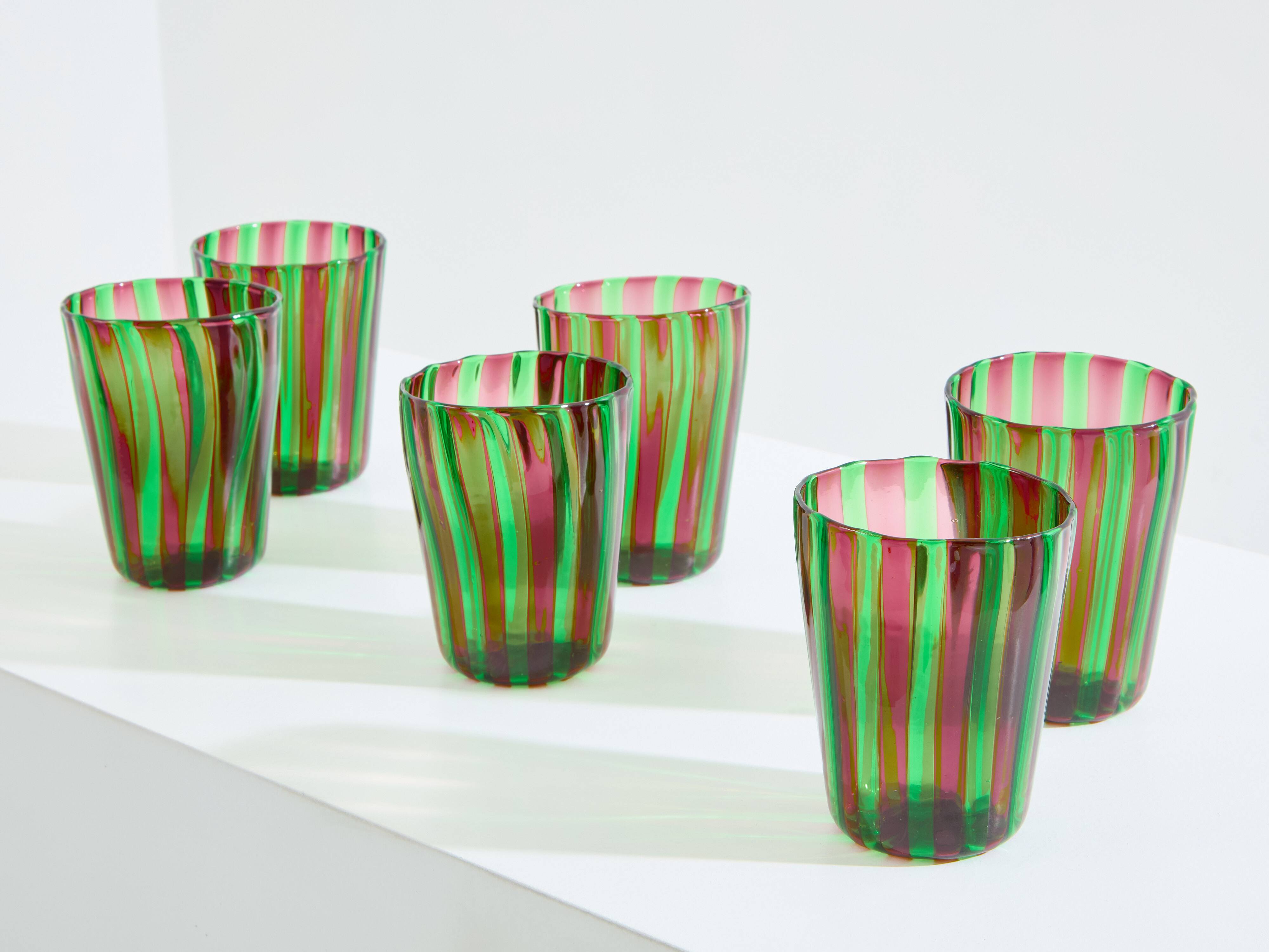 Set of 6 green and purple Murano tumbler glasses circa 1980