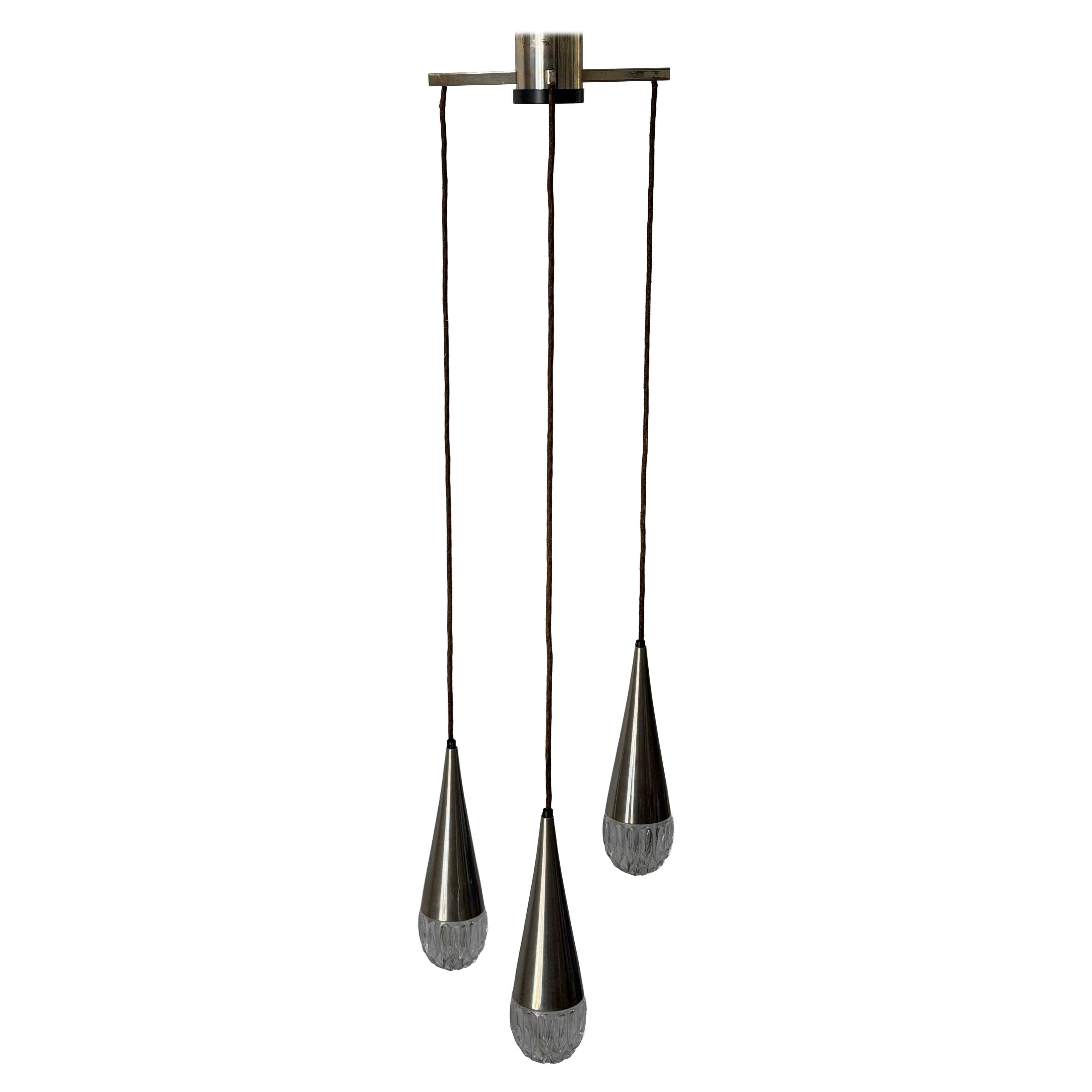 Suspended cascade lamp with 3 glass crystal shades and chrome, 1960s, Germany