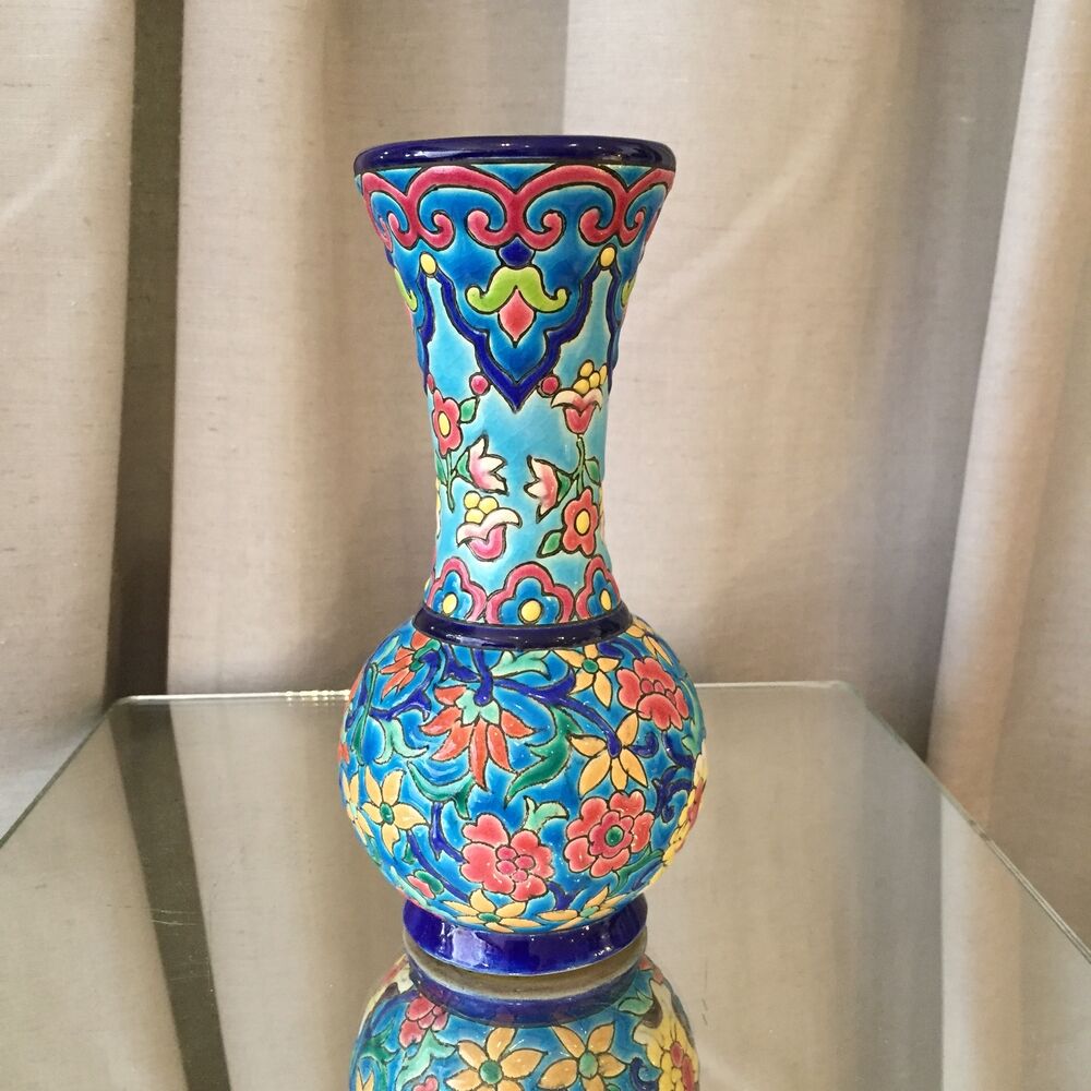 Soliflore vase in Longwy emaux multicolored flowers