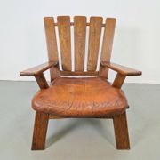 Brutalist Wood Armchair with Brown Leather Upholstery, Germany, 1960s