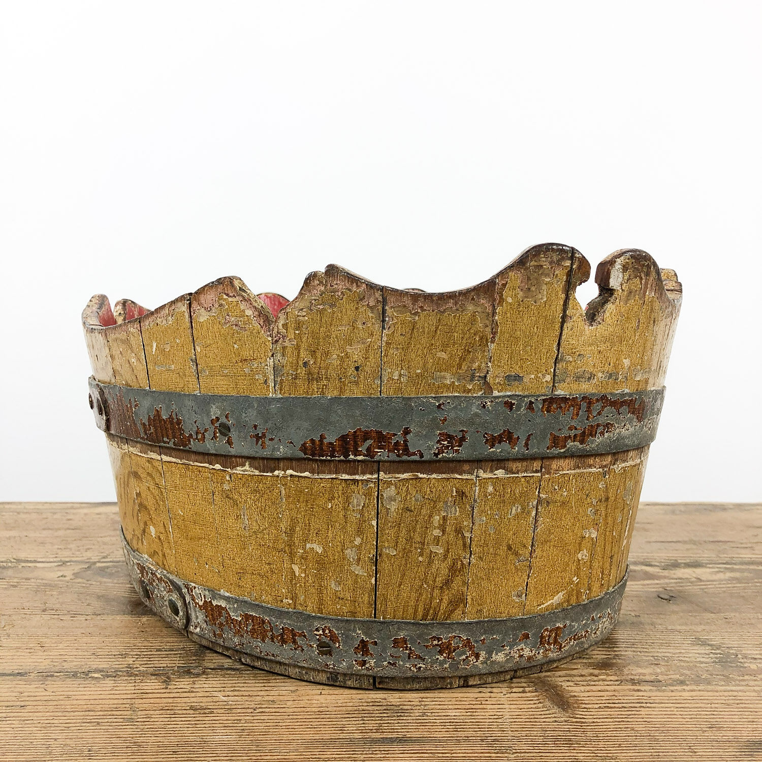 Antique cocked painted wooden bucket wash tub German Folk art