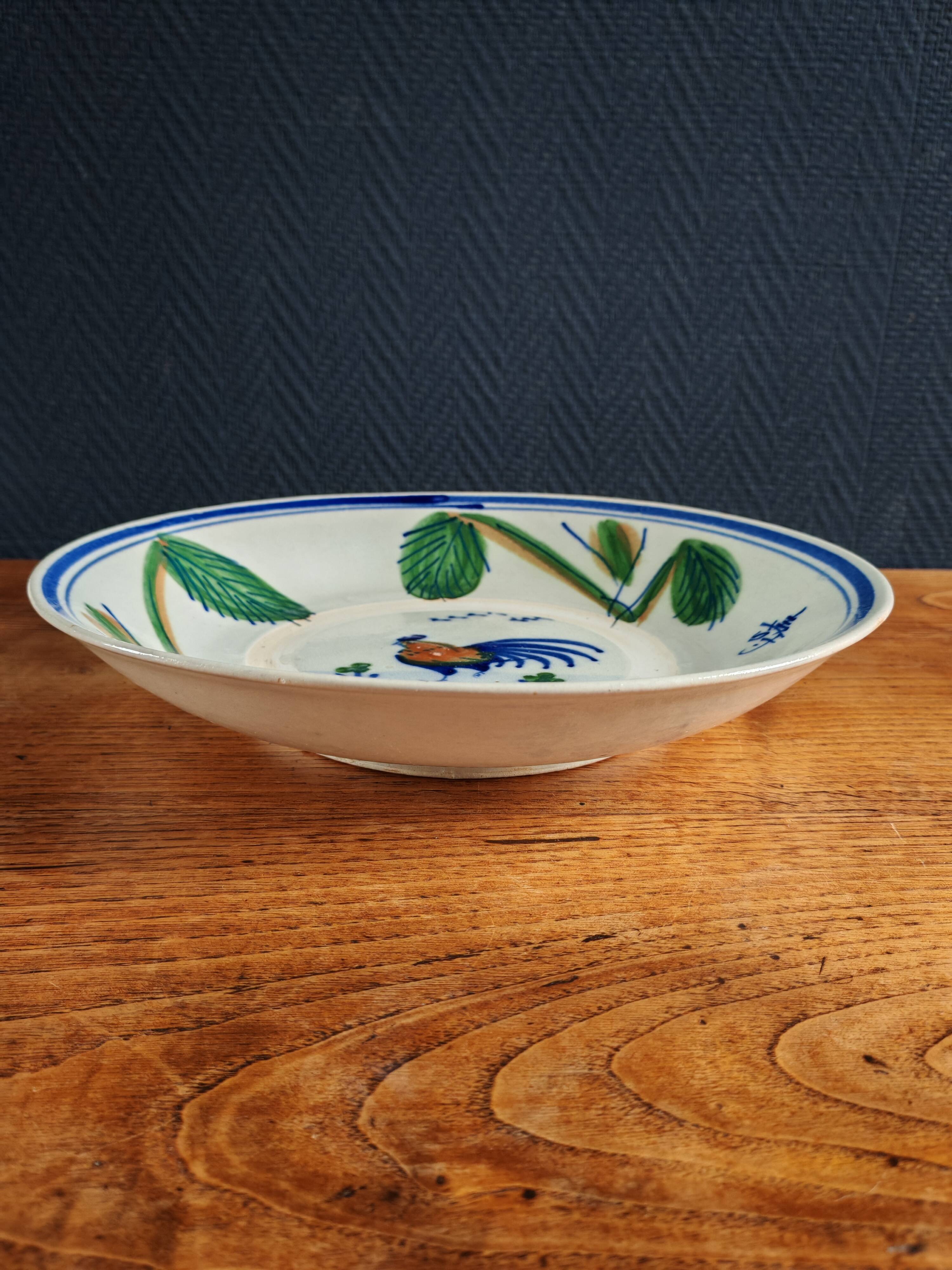 Large Vintage Hand-Painted Plate "Rooster and Foliage"