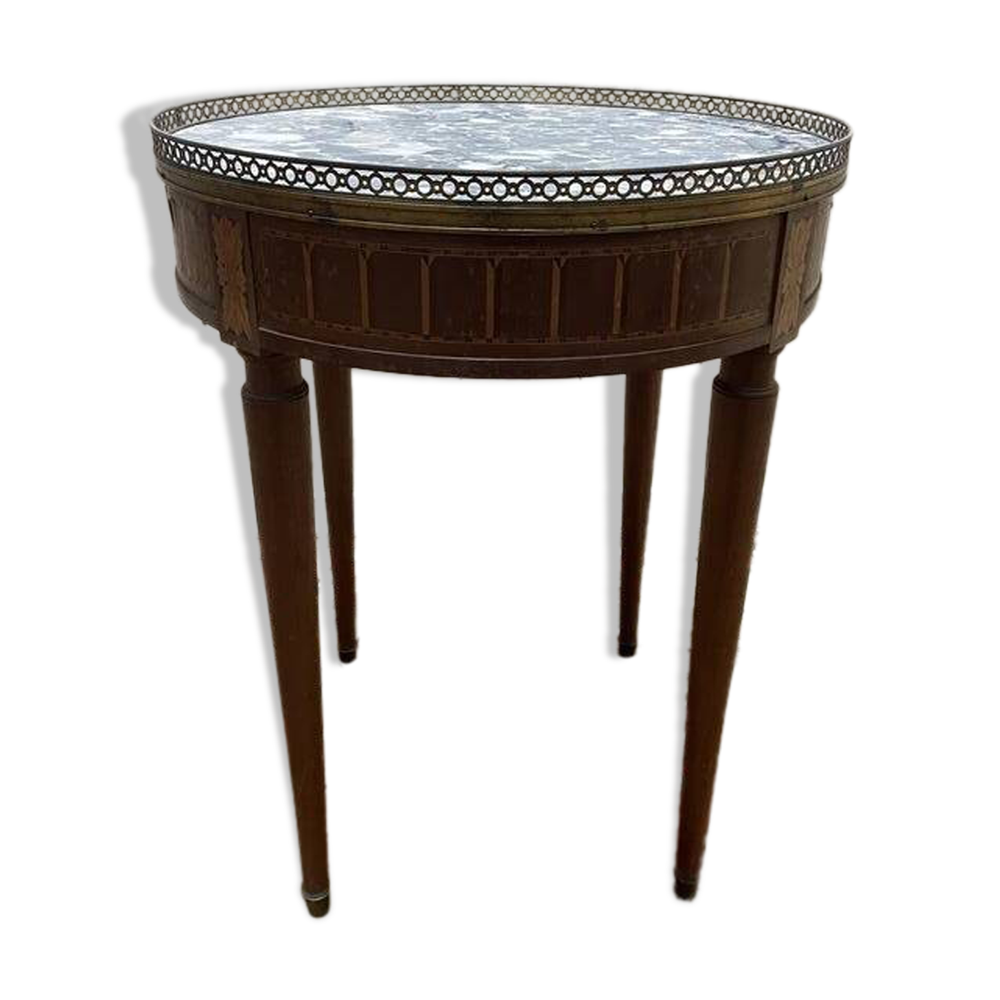 Table bouillotte de style Louis XVI en marqueterie et marbre