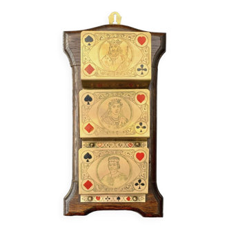 Old wall holder for playing cards in wood and brass