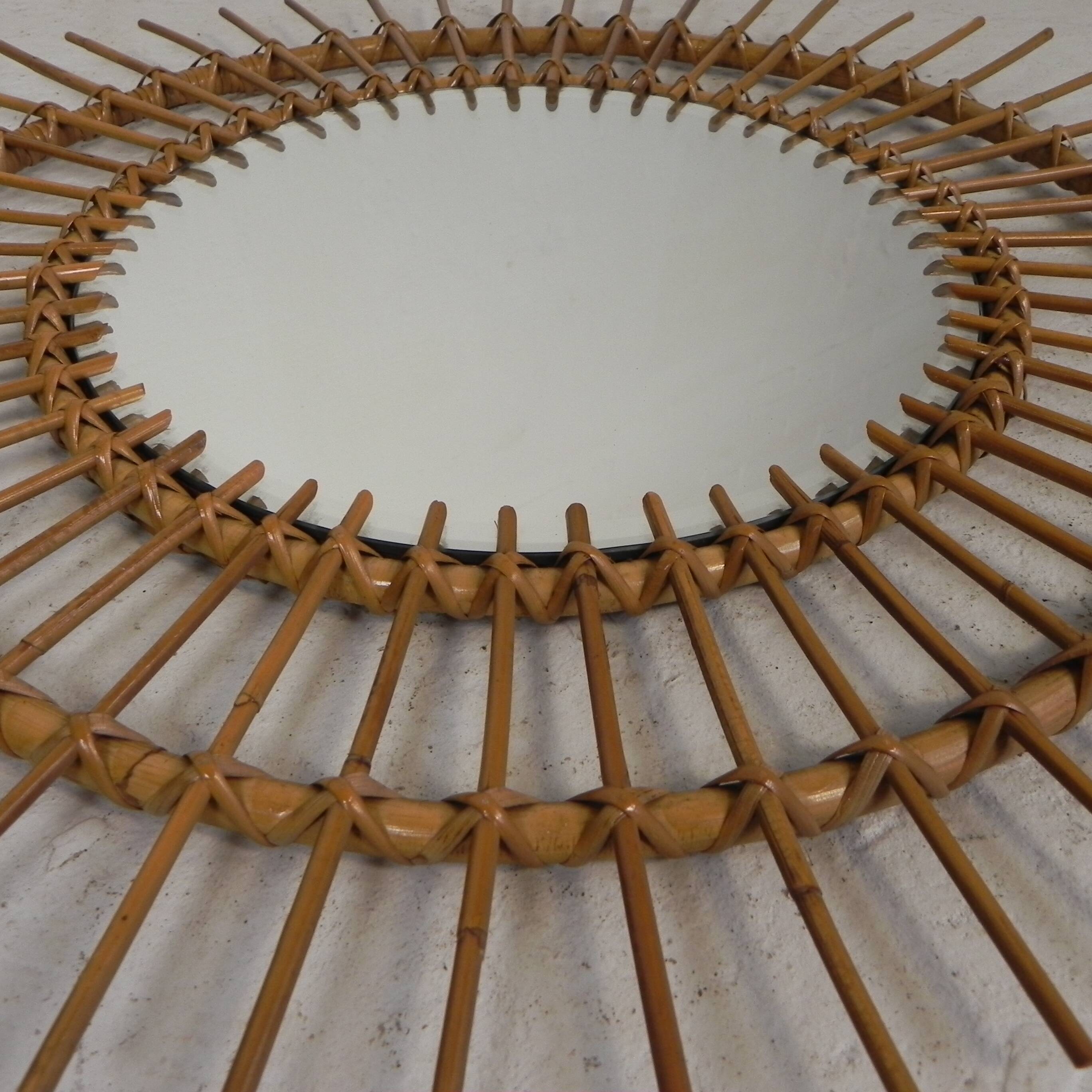 Vintage round bamboo mirror with faceted glass, 1950s