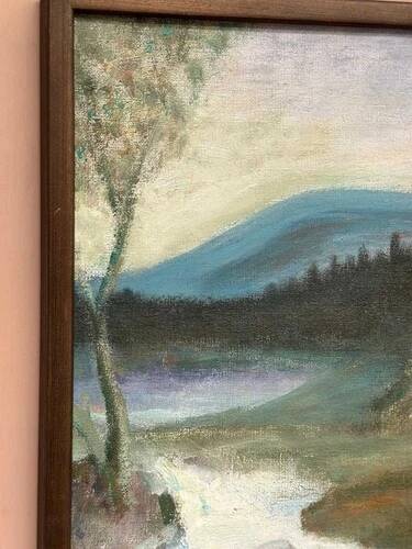 Mid-Century Oil on Canvas “River” by Unknown Artist, Vintage & Framed 36×45cm