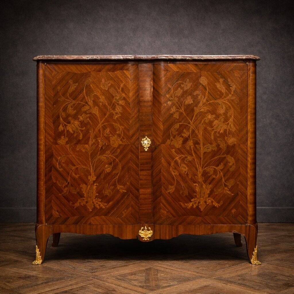 Wooden cabinet with doors, richly inlaid with floral patterns, Louis XV style.