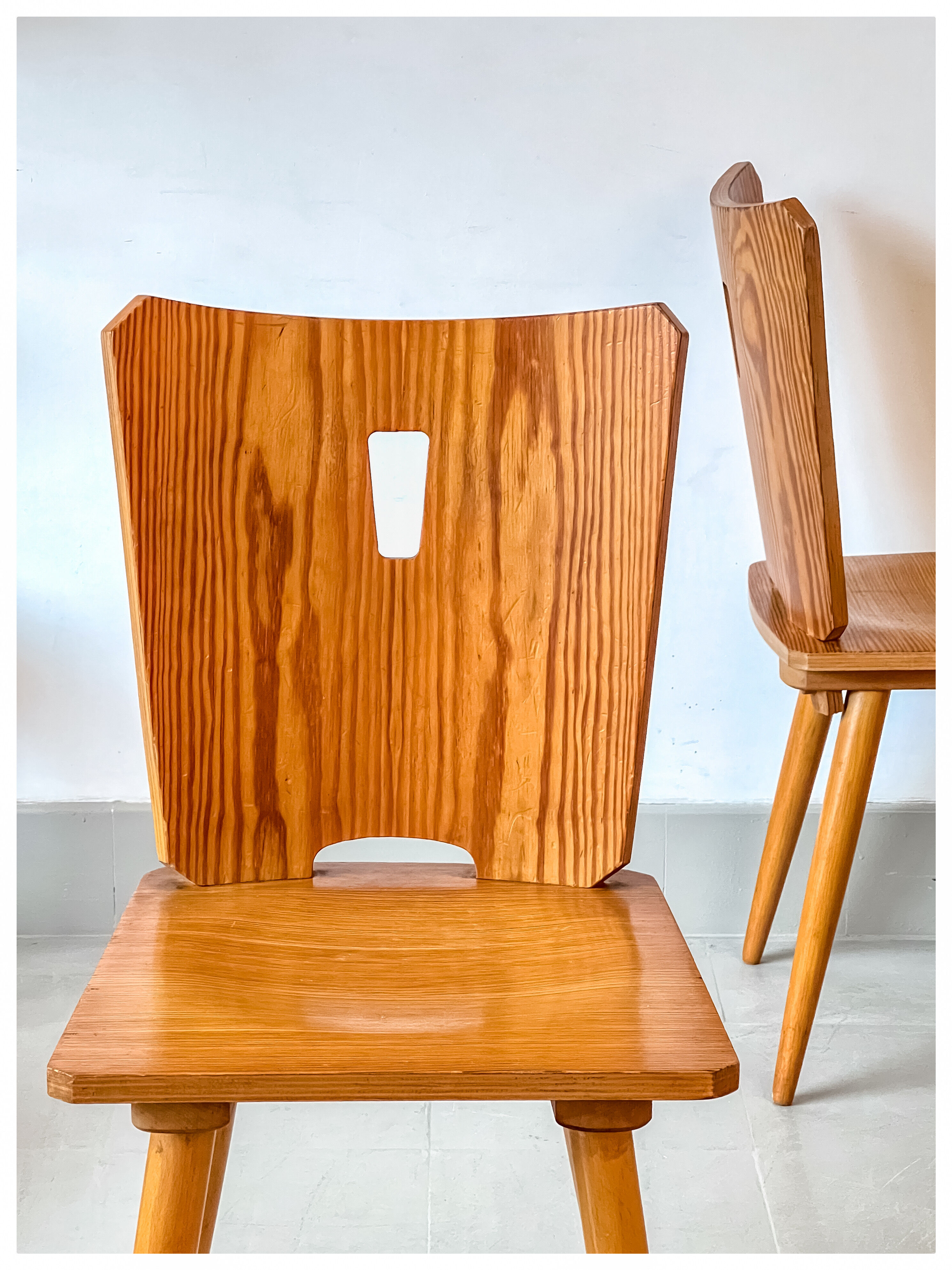 Vintage brutalist pine chairs