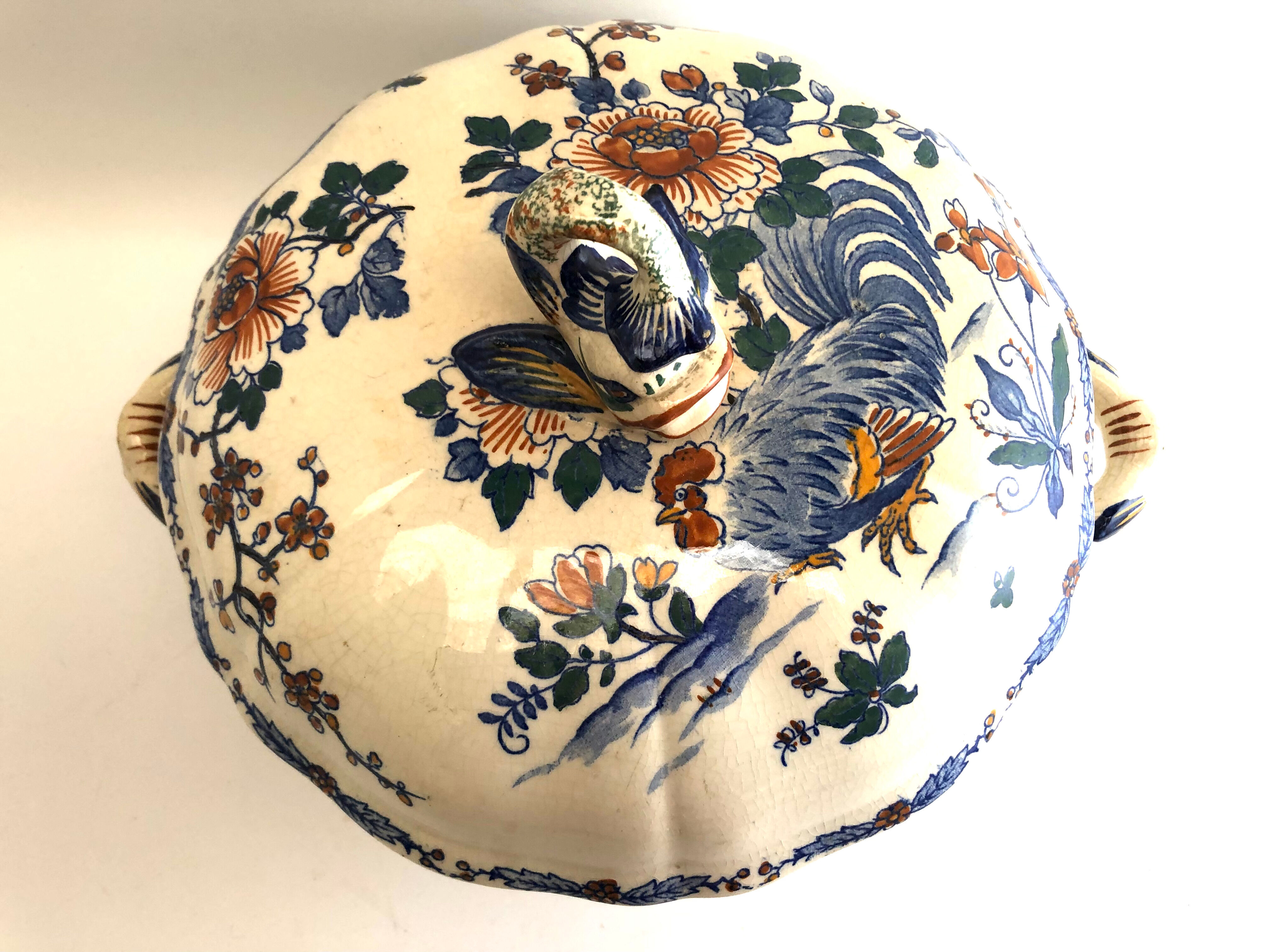 Ancienne soupière Gien décor au coq bleu