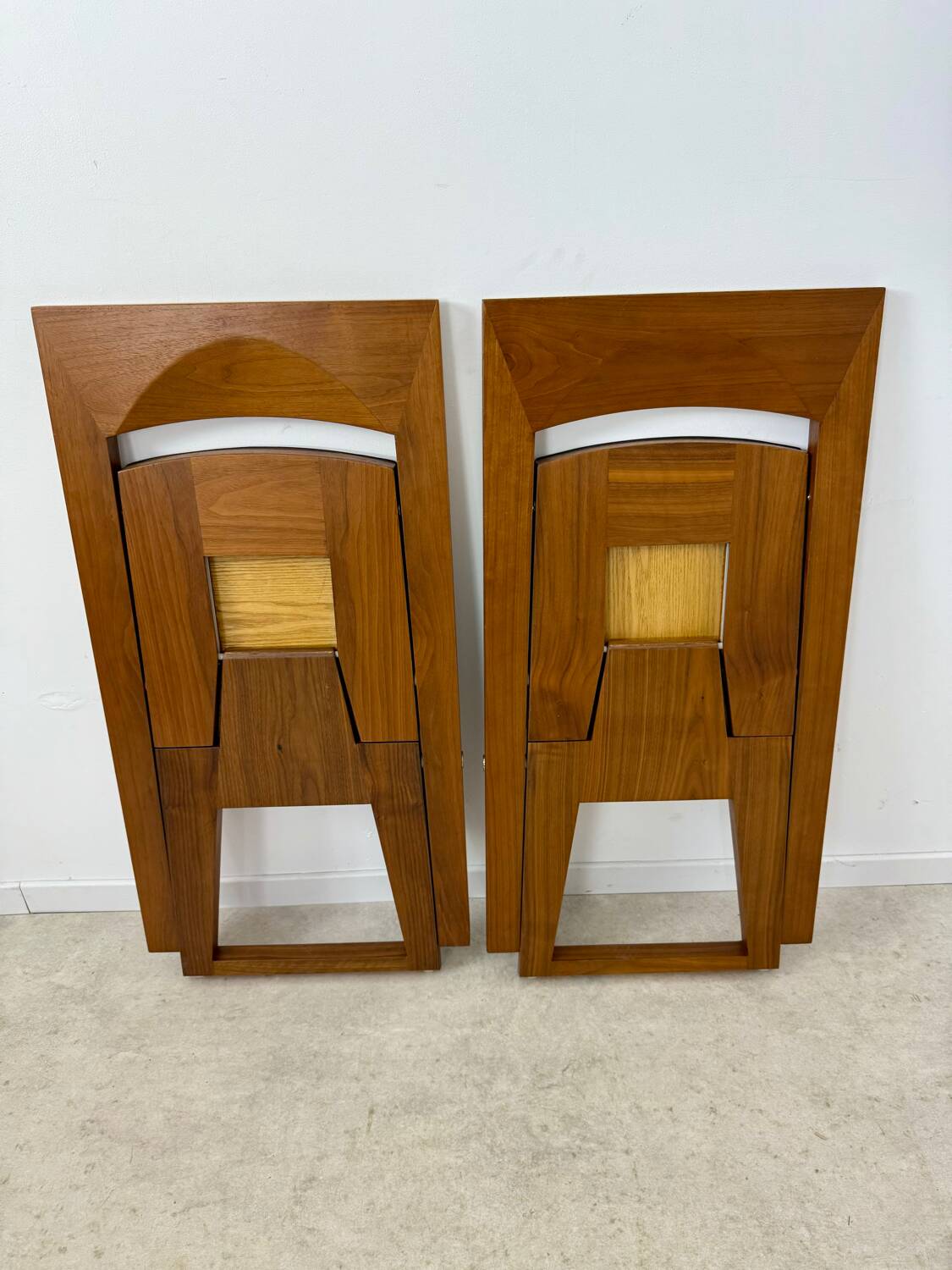 2 old folding chairs in wood and leather, postmodern design from the 80s vintage