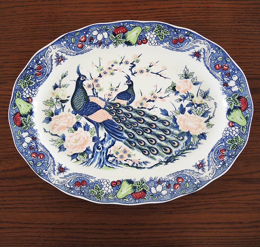 Antique Large Oval Serving Dish - Peacock Decor