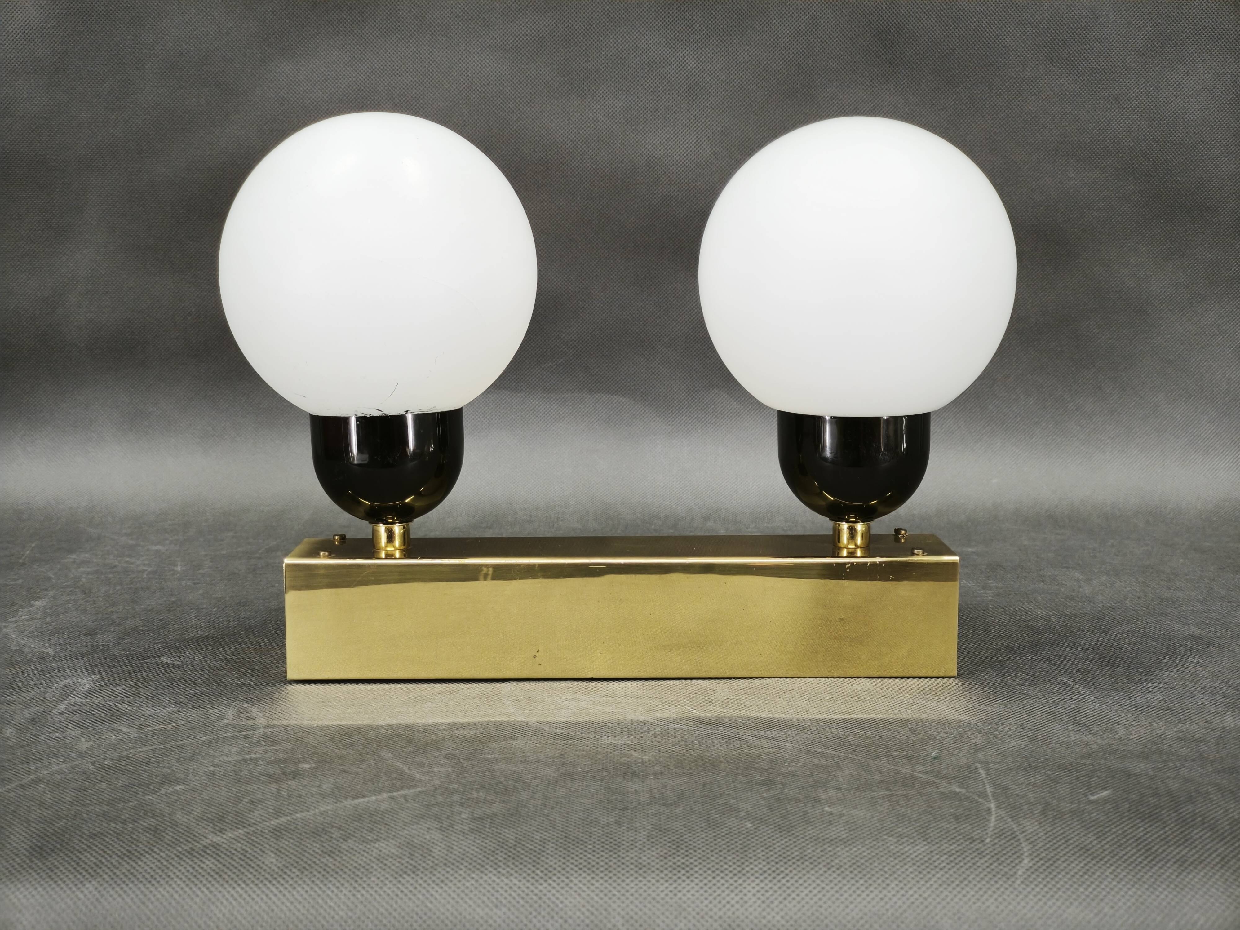 Kamenický Šenov Brass Double Globe Wall Light, Czechoslovakia, 1970s