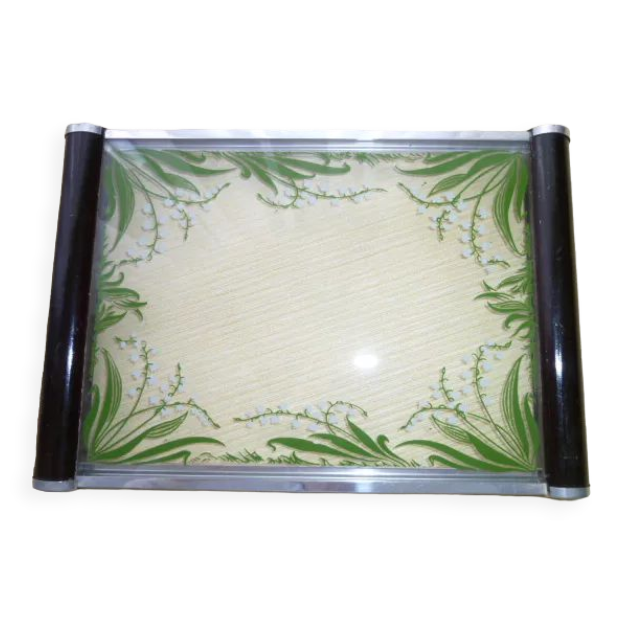 Vintage serving tray in glass and wood Lily of the valley décor