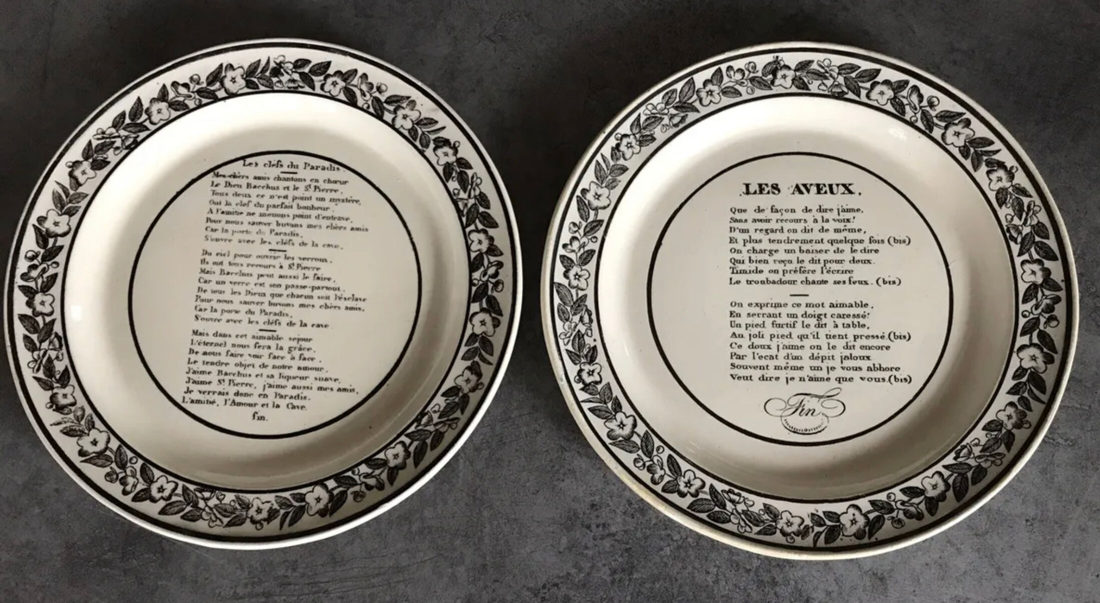 Set of 6 antique plates in fine earthenware with printed decoration of grisailles and poems
