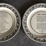 Set of 6 antique plates in fine earthenware with printed decoration of grisailles and poems