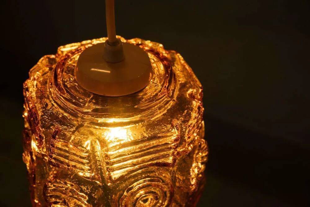 Vintage glass pendant light Vitrika, mid-century amber pendant.