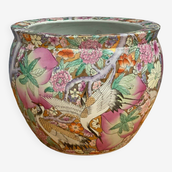 Chinese flowerpot with floral and bird decoration, mid-20th century, red stamp
