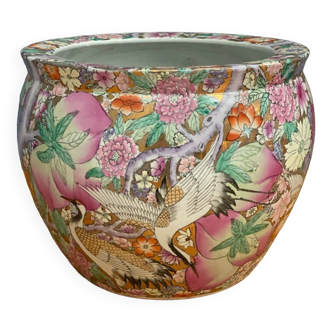 Cache-pot de Chine décor floral et oiseaux, milieu XXe cachet rouge