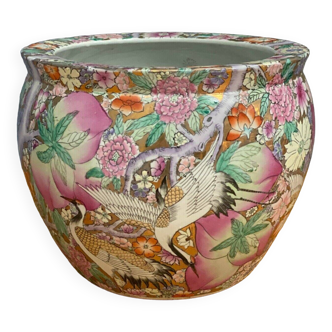 Chinese flowerpot with floral and bird decoration, mid-20th century, red stamp