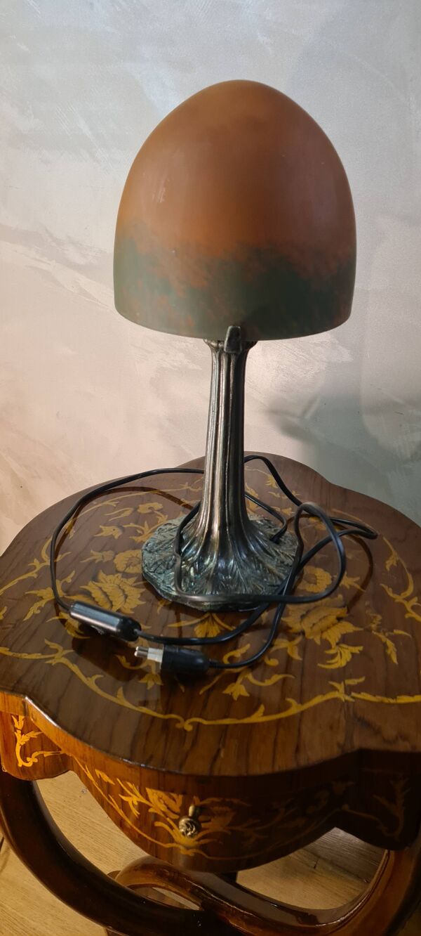 Lampe champignon pate de verre pied metal patiné bronze 39x18 elec refait a neuf