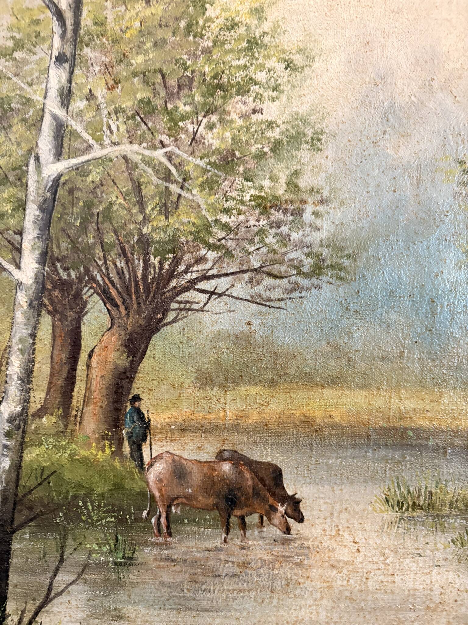 Oil Painting Canvas Shepherd Lake Cow River Fishing Landscape PATRY