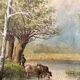 Tableau Peinture Huile Toile Berger Lac Vache Rivière Pêche Paysage PATRY