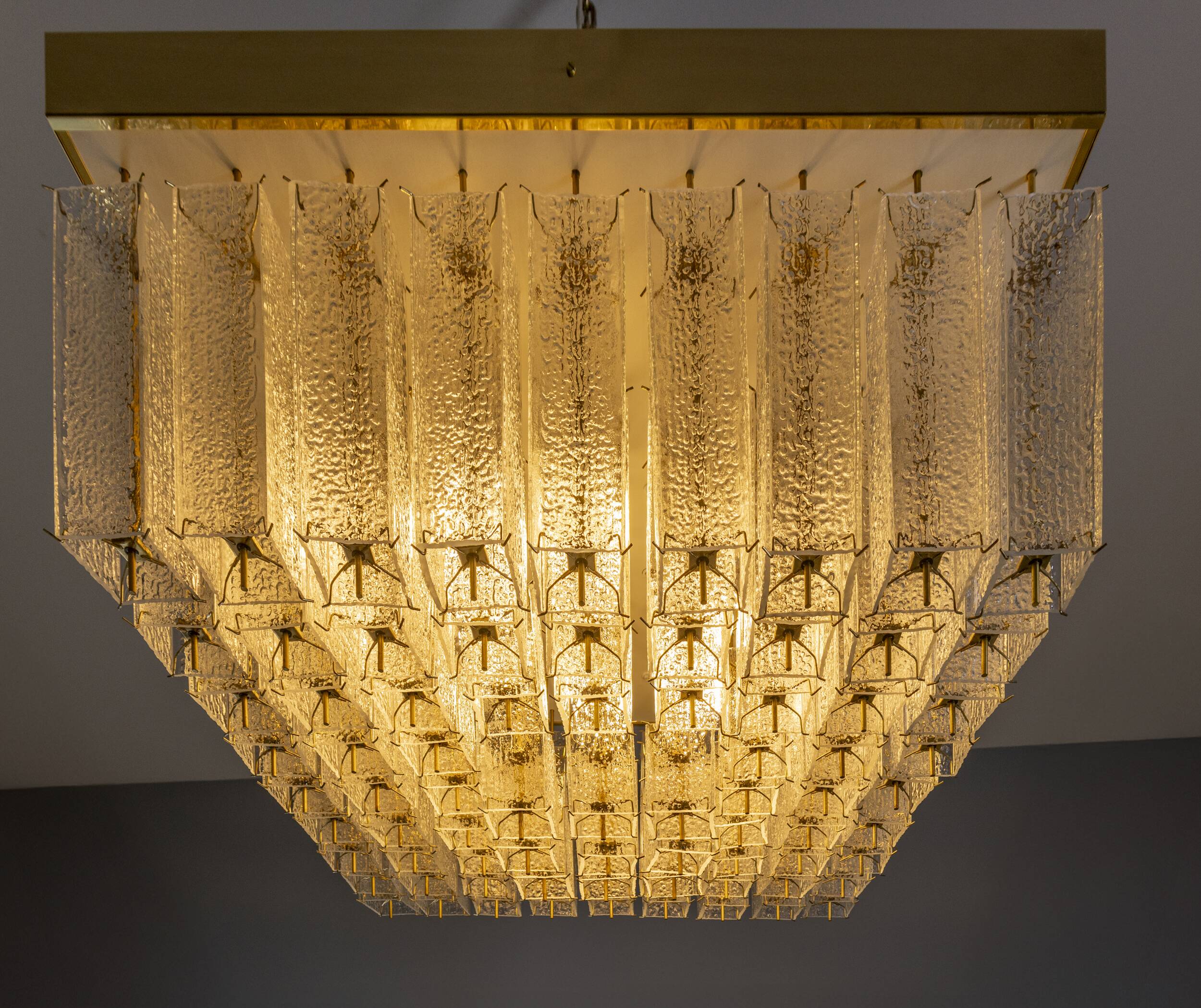 Bohemian flush-mount light in textured glass & brass, 1960s