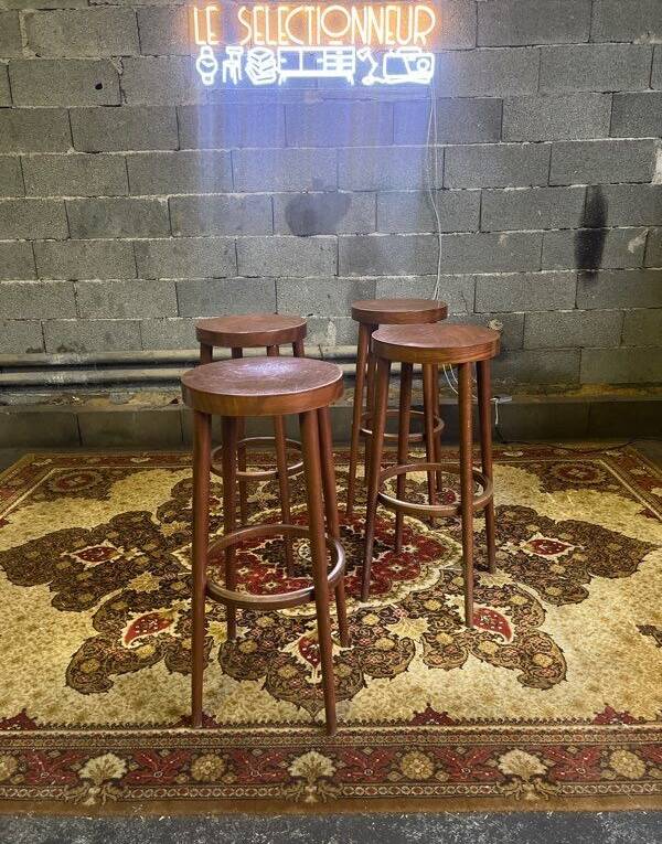 4 vintage Baumann bar stools in varnished beech - 1950s/1960s