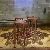 4 vintage Baumann bar stools in varnished beech - 1950s/1960s