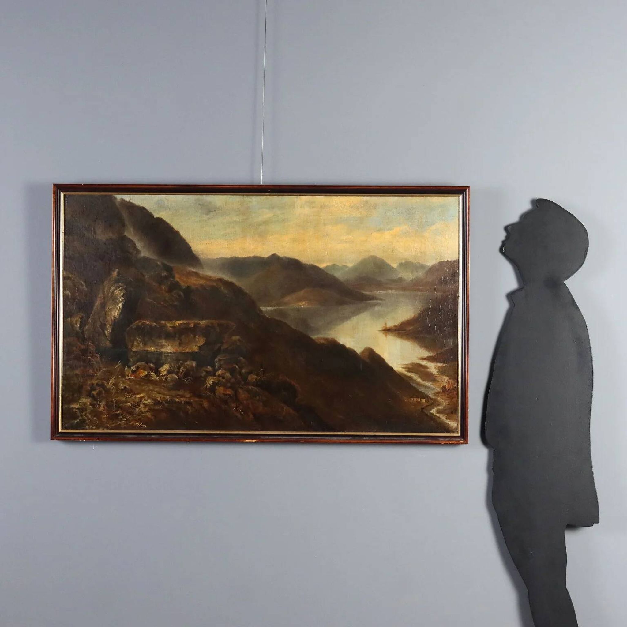 Old painting of a mountain landscape with a lake, oil on canvas 1890