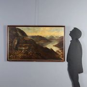 Old painting of a mountain landscape with a lake, oil on canvas 1890