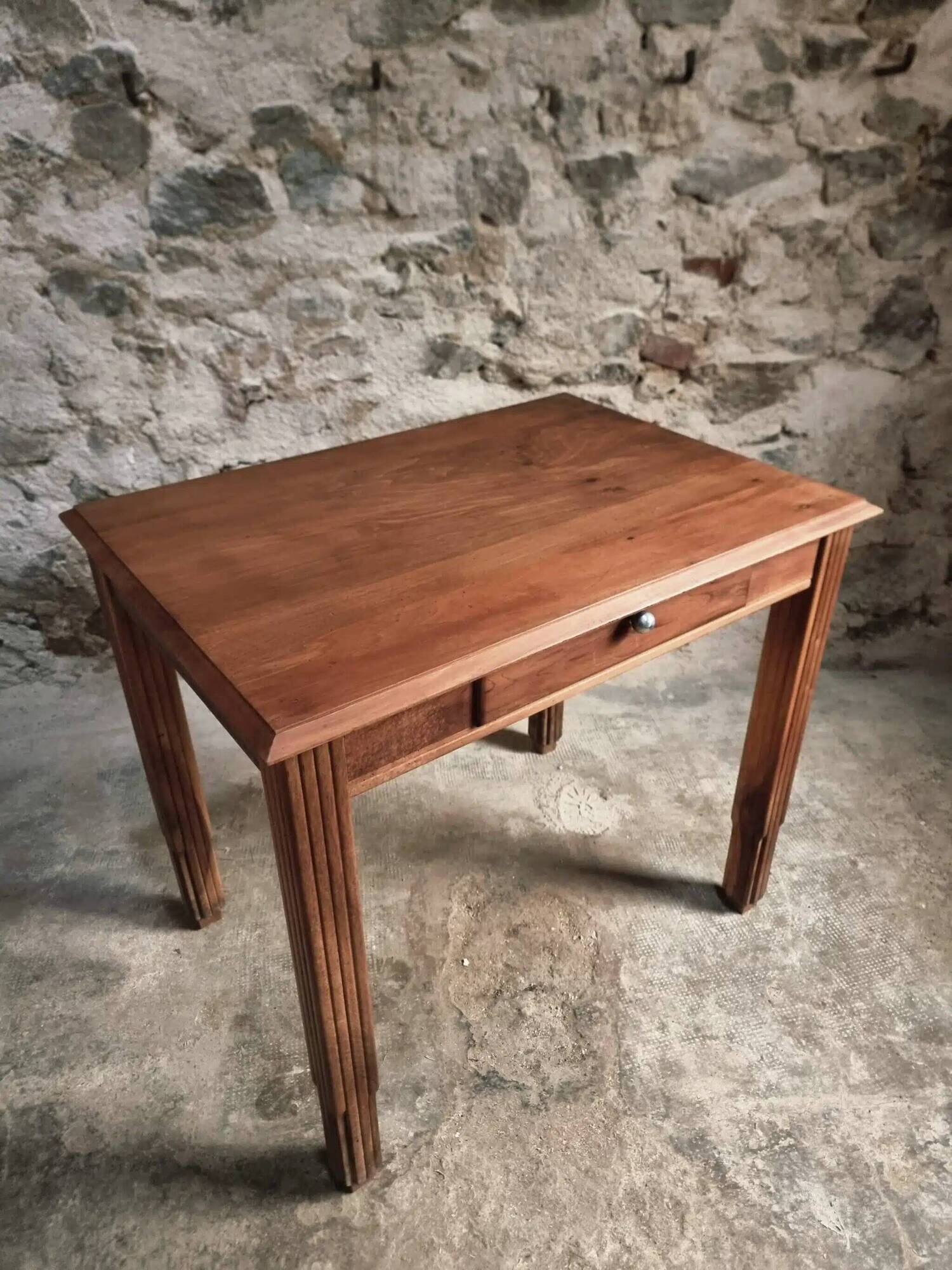 Vintage French walnut writing desk, 1950s Art Deco style, table with drawer, compact desk or side table