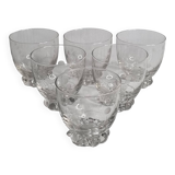 Set of six Art Deco style engraved crystal glasses on spherical feet