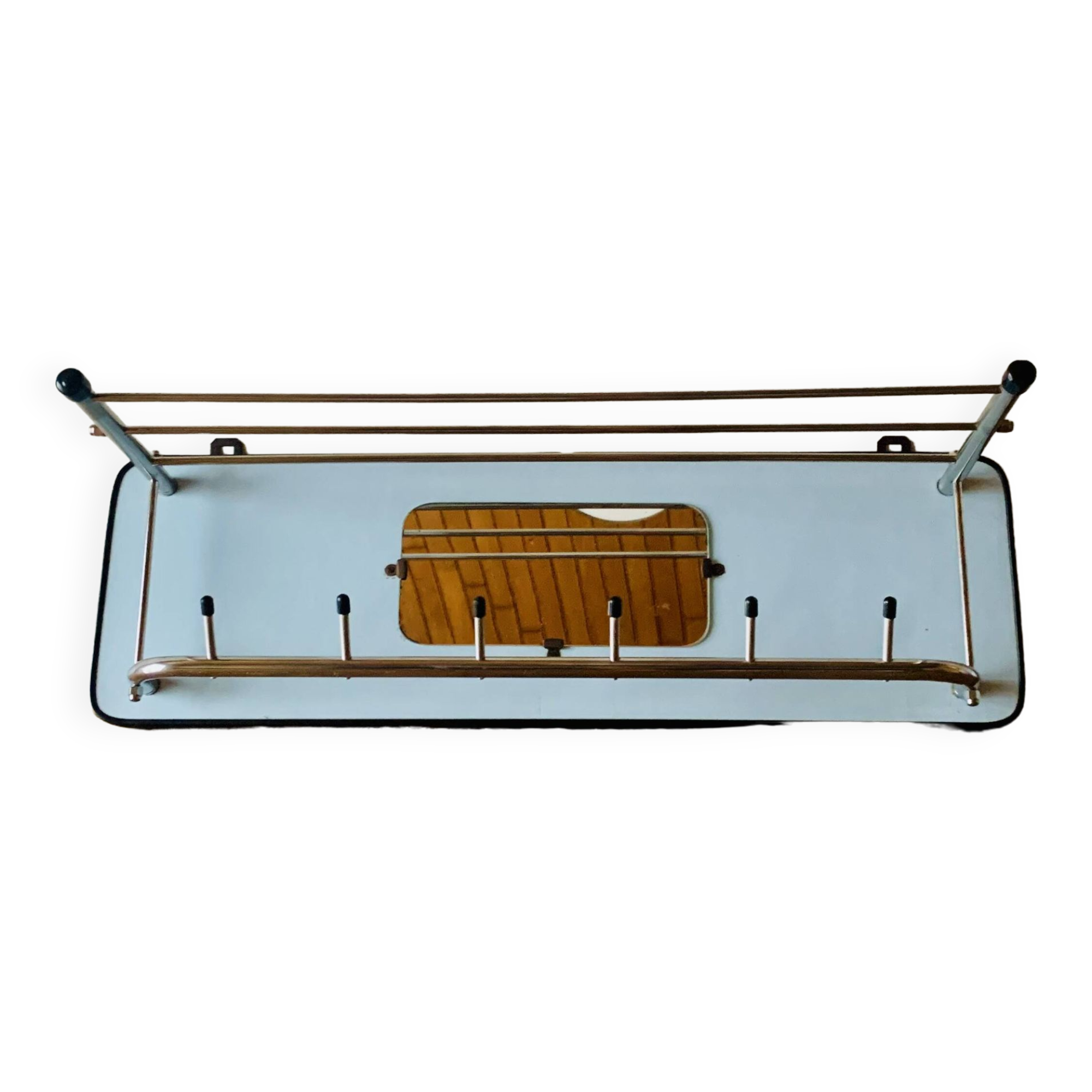 Vintage wall-mounted coat rack in wood and chrome metal with mirror