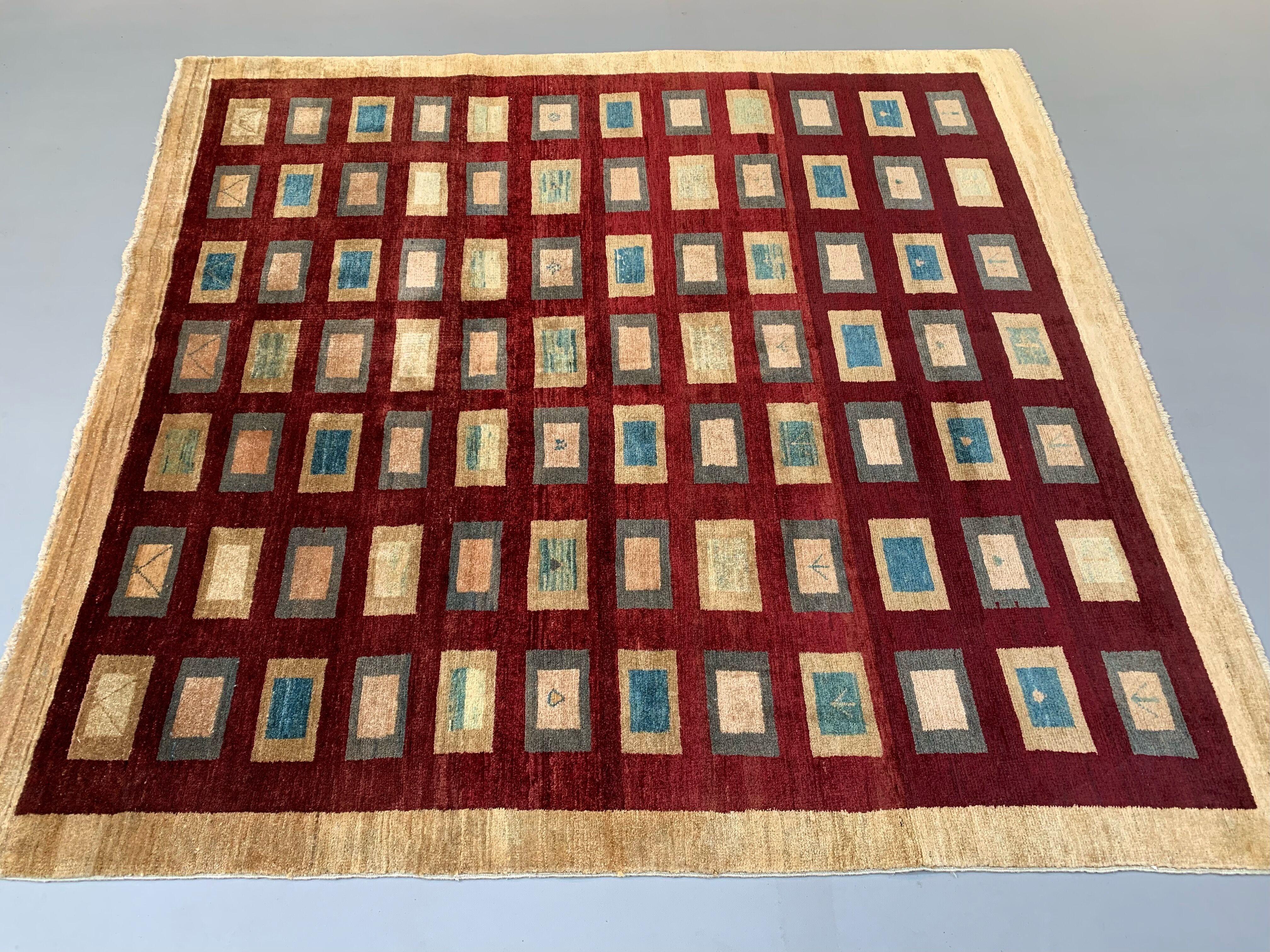 Afghan chobi art deco rug 183x173 cm, square tribal handmade,wool, beige