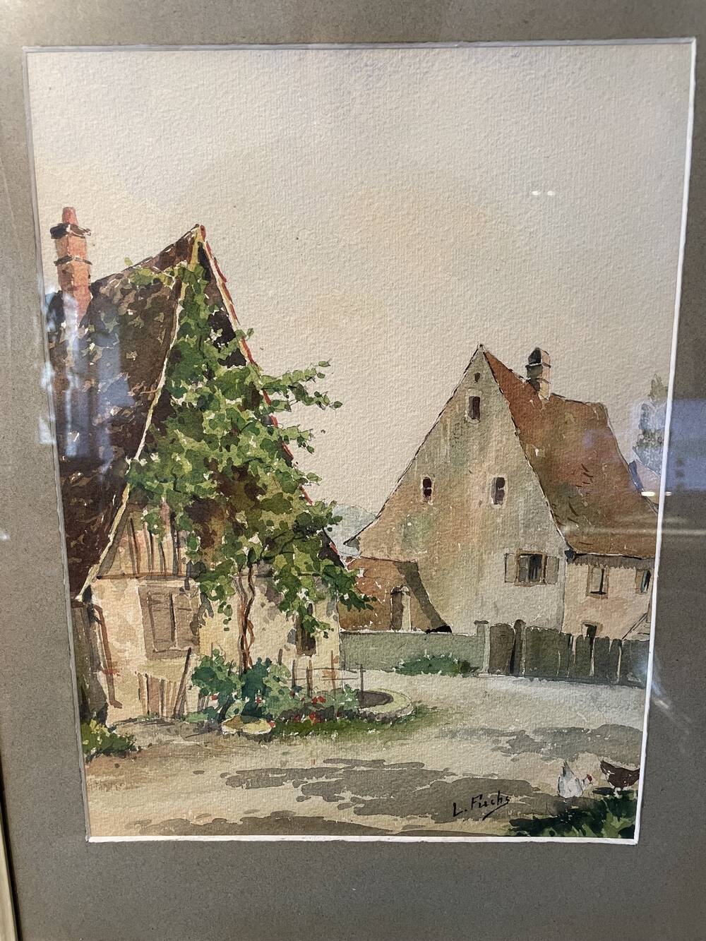 WATERCOLOR ALSACIAN FARMYARD LUCIEN FUCHS