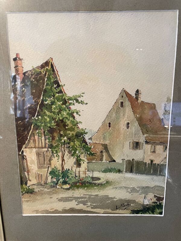 Aquarelle cour de ferme alsacienne lucien fuchs