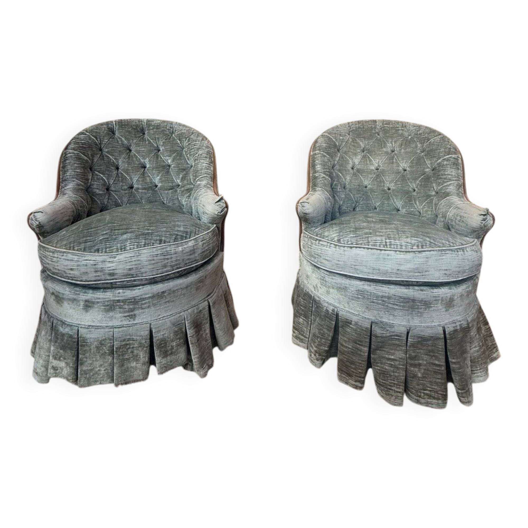 Pair of Napoleon III frog armchairs in grey-blue velvet
