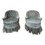 Pair of Napoleon III frog armchairs in grey-blue velvet