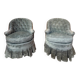 Pair of Napoleon III frog armchairs in grey-blue velvet