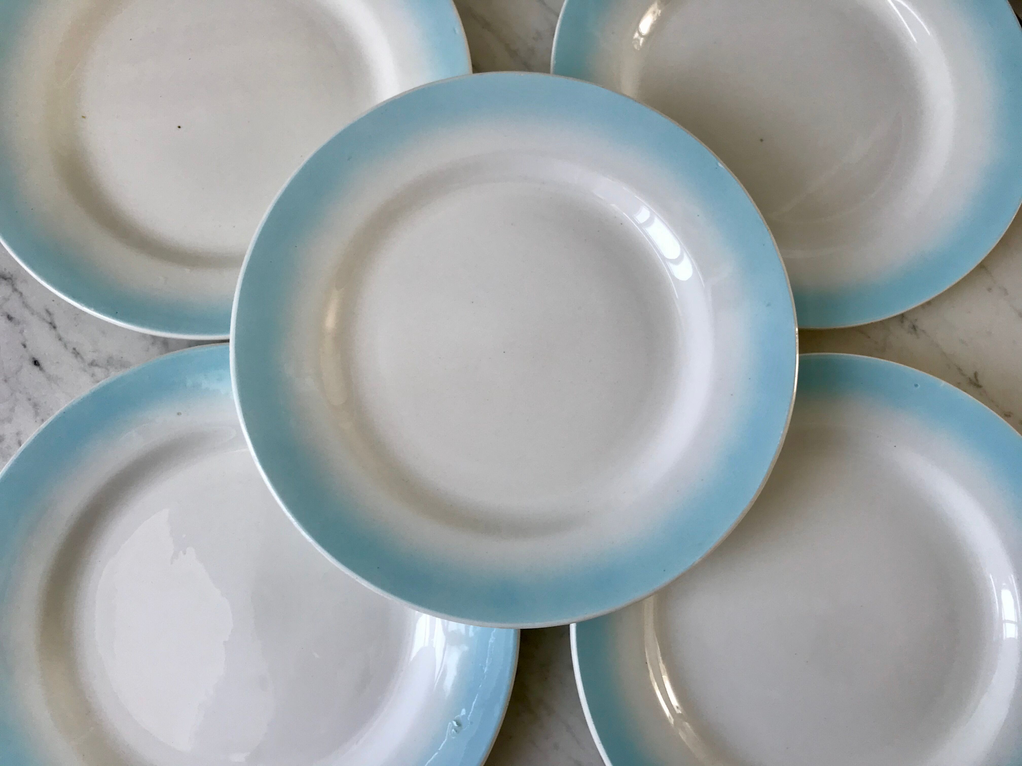set of 5 pastel gradient sky blue dessert plates from the 40s and 50s