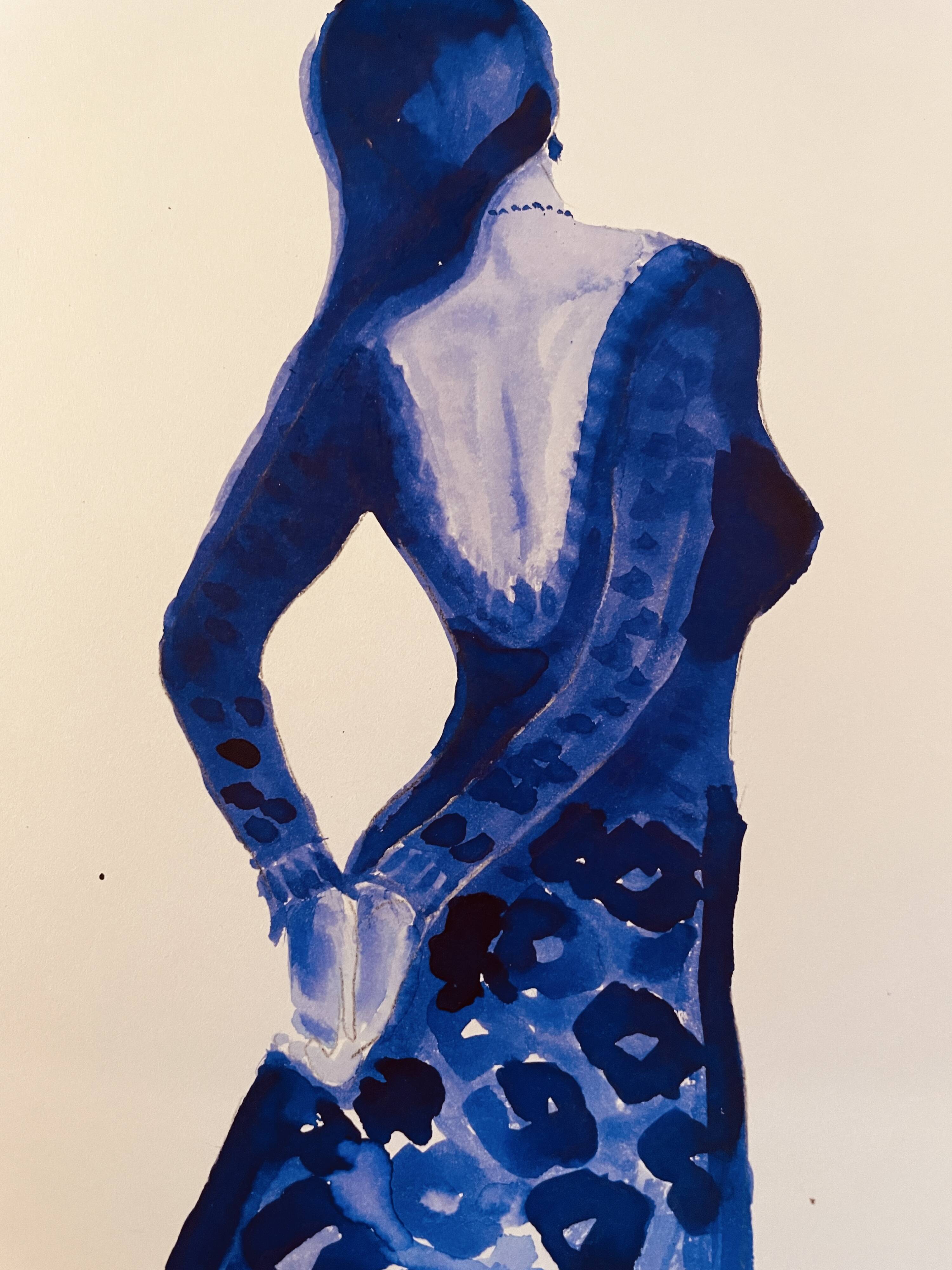 Monochrome indigo watercolour portrait of a woman "the indigo dress"
