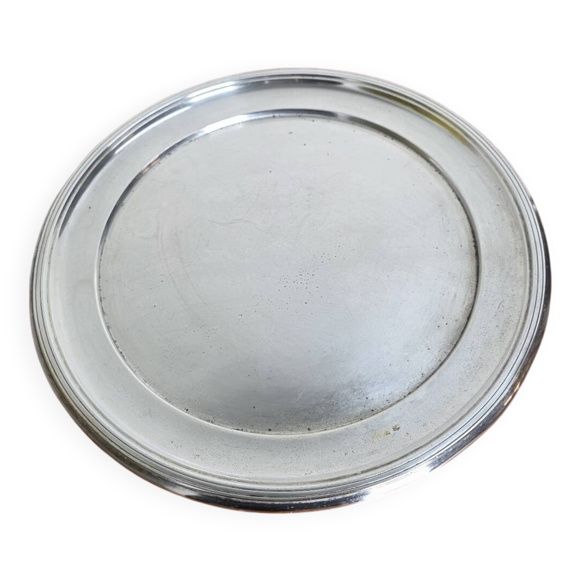 Round silver-plated metal tray from the mid-20th century
