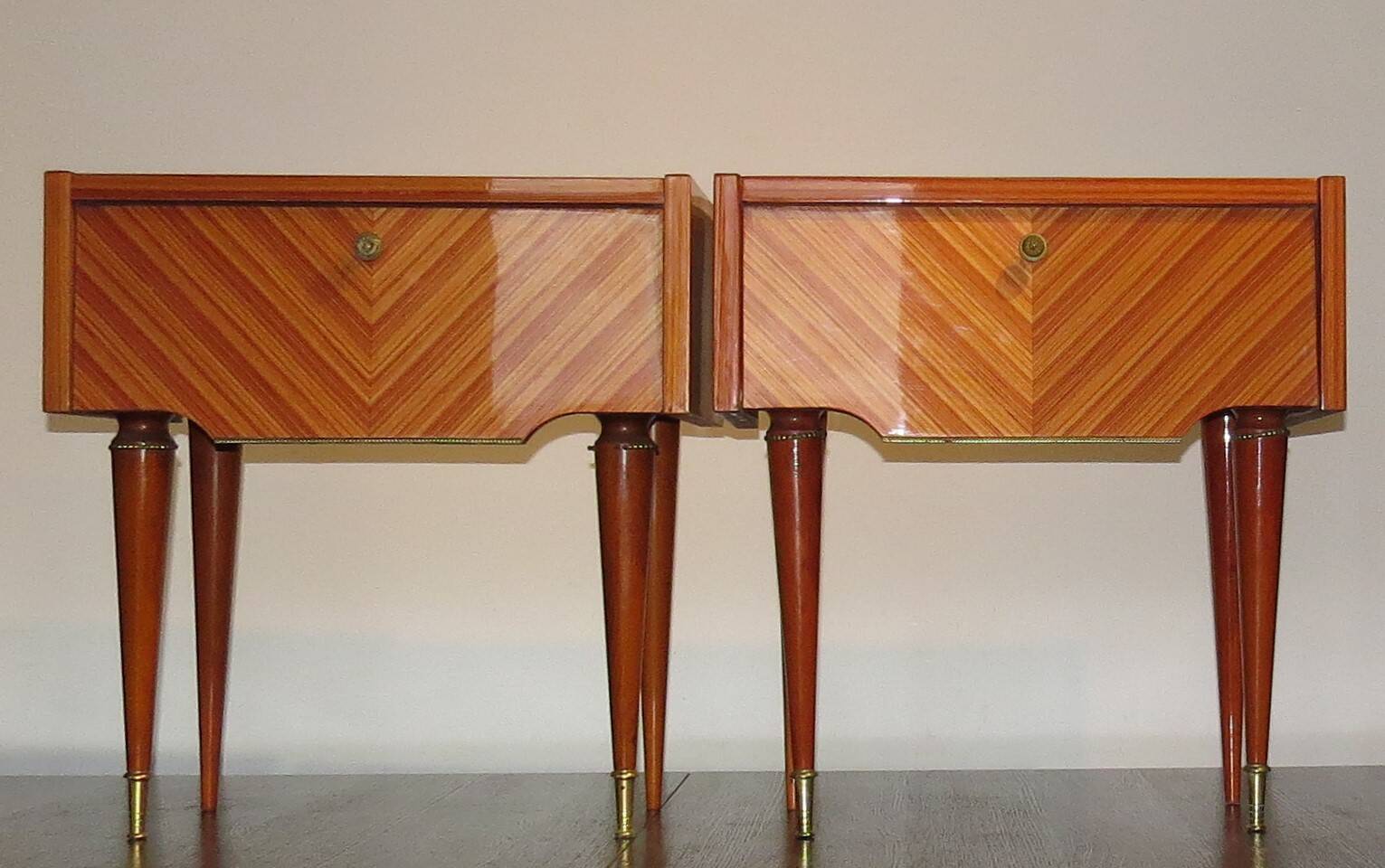 Pair of 60s veneer bedside tables with brass decorations